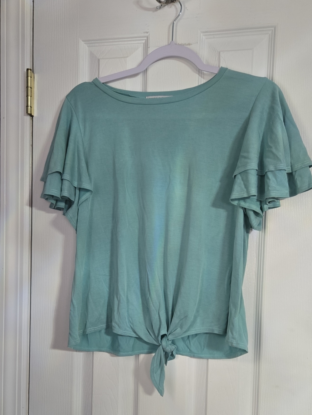Green Envelope Seafoam Tie-Front Ruffle Sleeve Top
